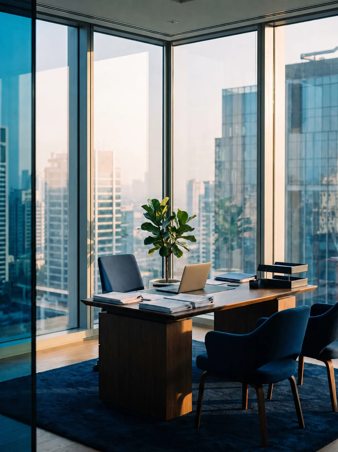 Corporate office interior with a city skyline view at daylight