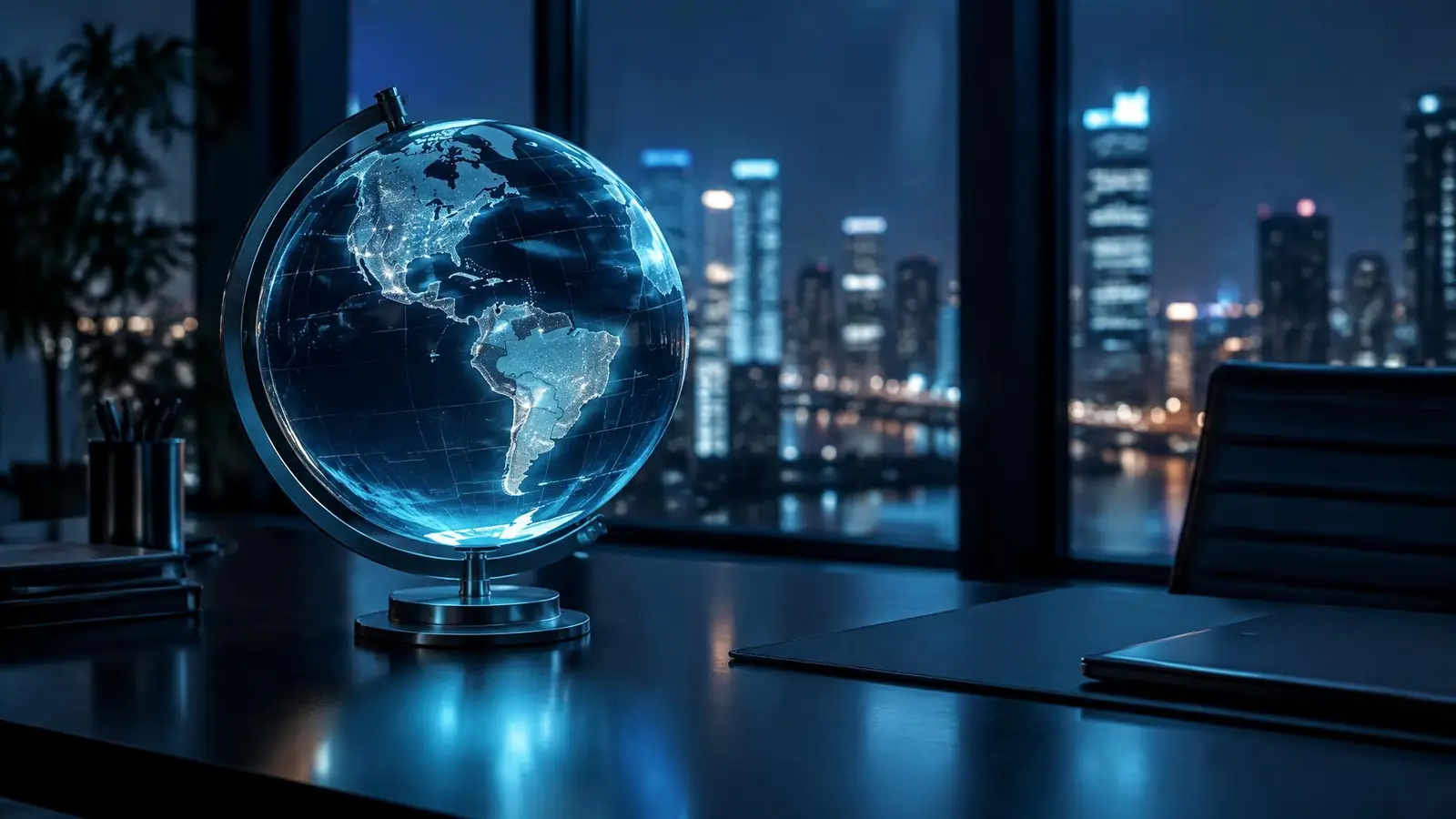 Illuminated globe in a modern office at night