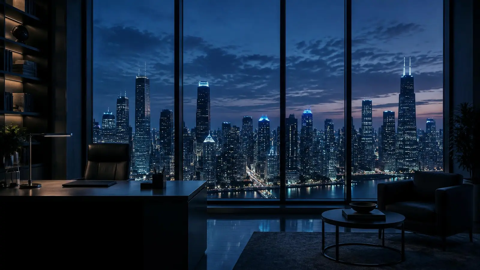 City skyline at dusk seen through a high-rise office window