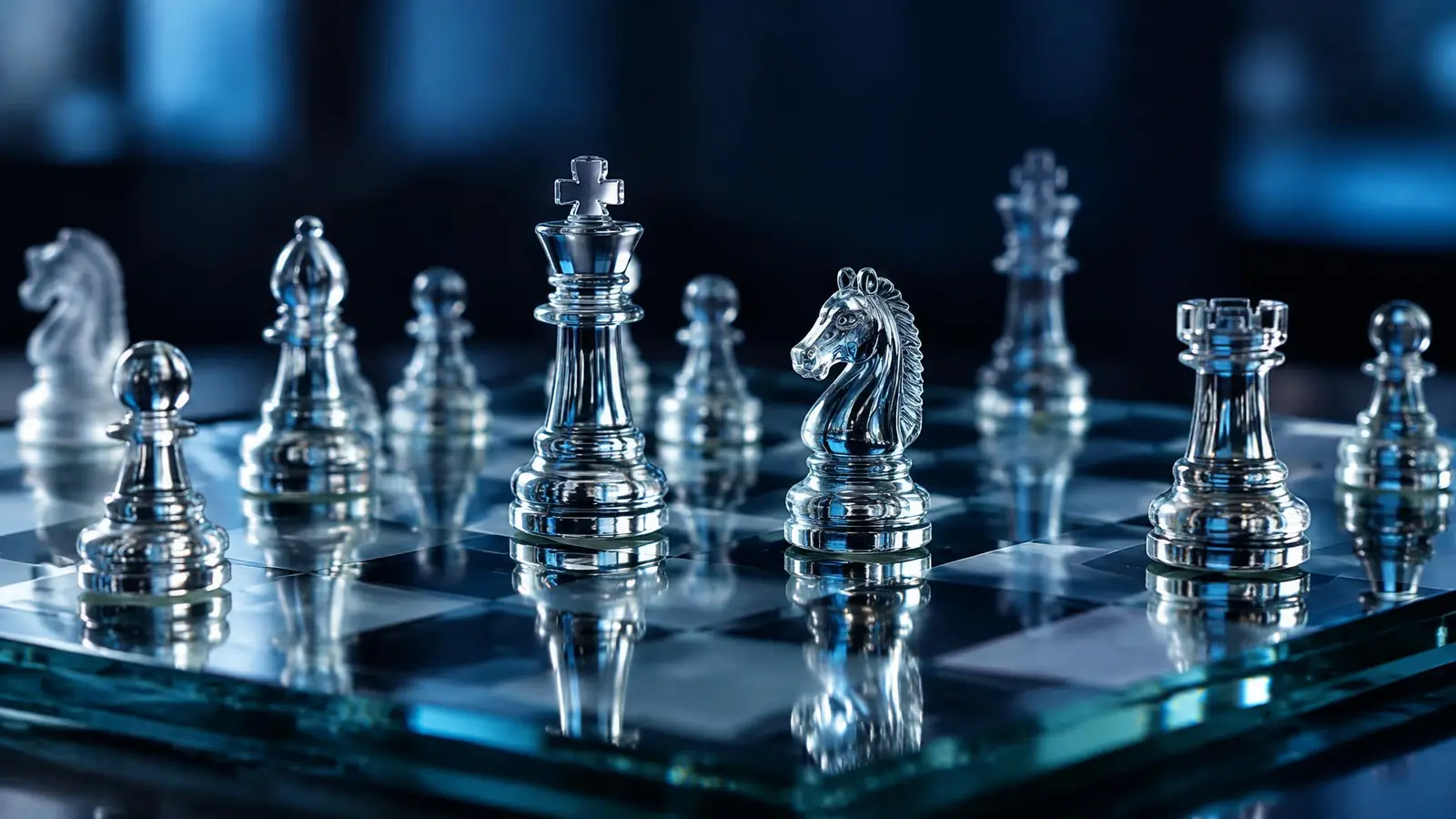 Glass chess board mid-game with shallow depth of field