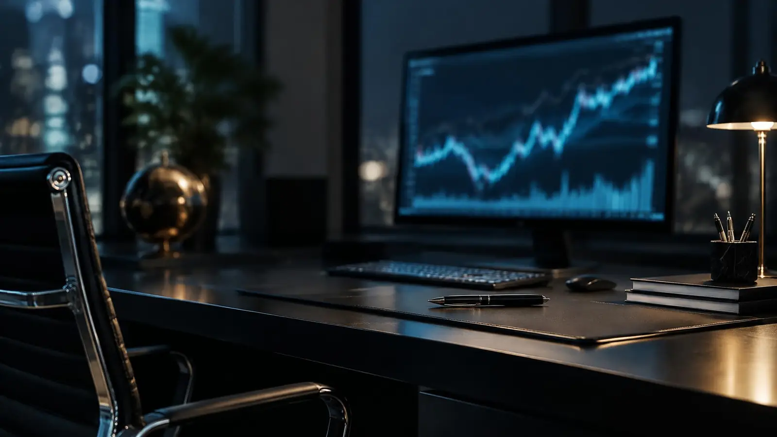 Elegant desk with financial charts glowing on a monitor