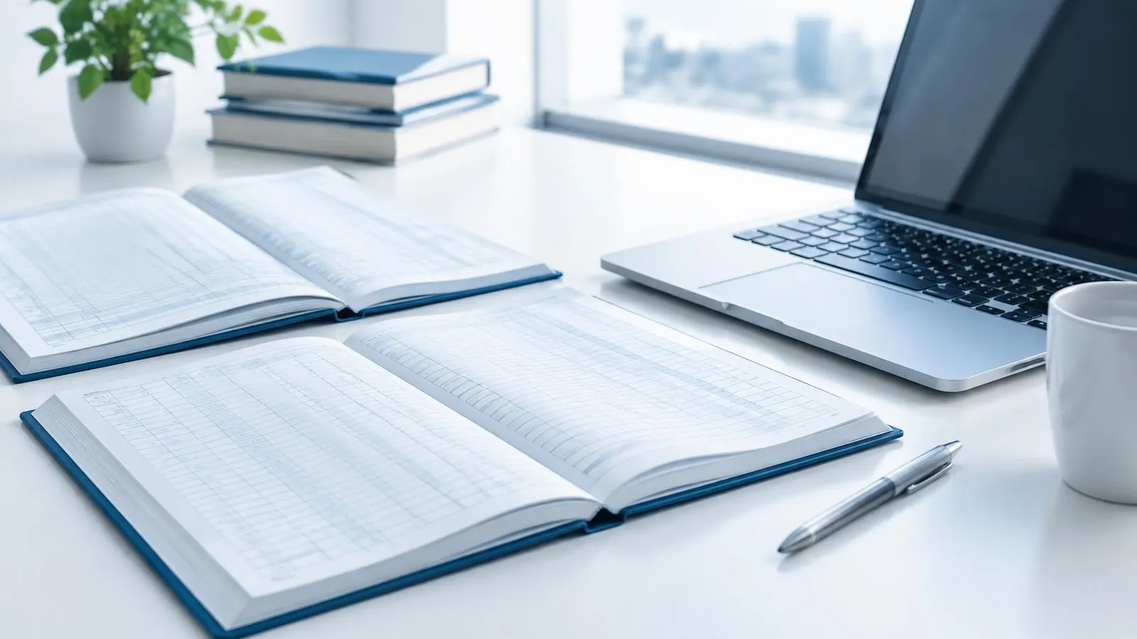 Open ledger books beside a laptop on a white desk