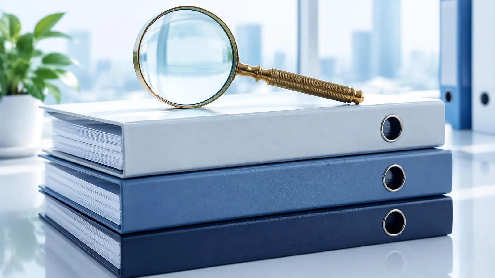 Magnifying glass resting on organized financial binders