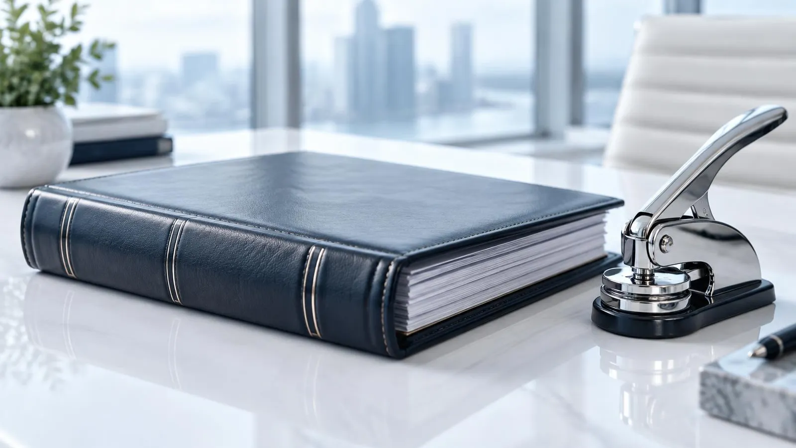 Leather corporate records binder beside a metal company seal embosser