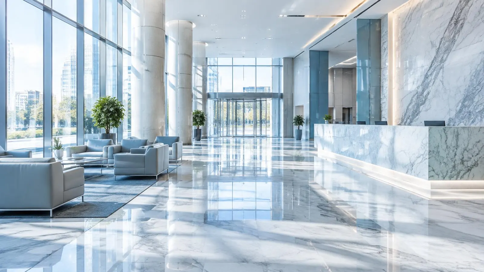 Modern bank lobby with marble floors and natural light