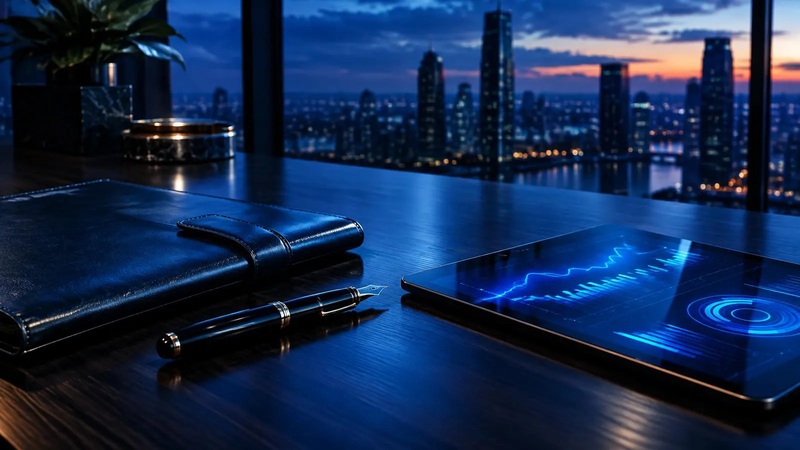 Executive desk at dusk with portfolio, pen and tablet